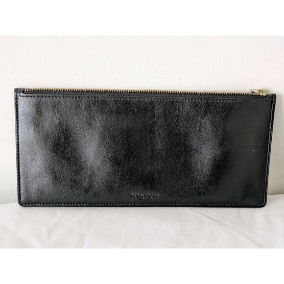 Coach Black Leather Zip Pouch Skinny Wallet Clutch  9.5” X 4.25” Accessory Bag - Picture 1 of 6